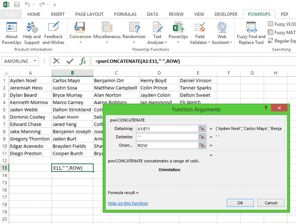 concatenate a range of cells in excel